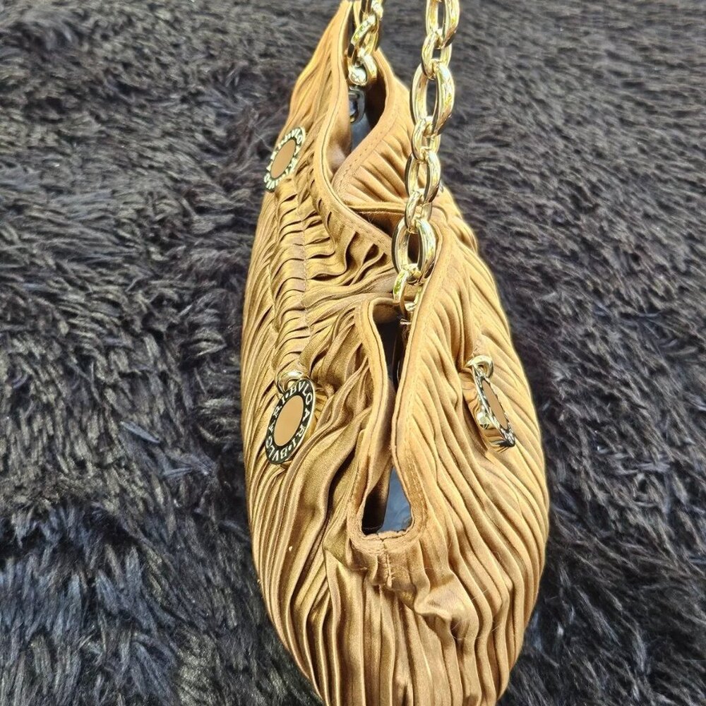 BVLGARI Handbag Metallic Brown Pleated Satin Clutch Gold Tone Hardware Purse - Picture 12 of 12